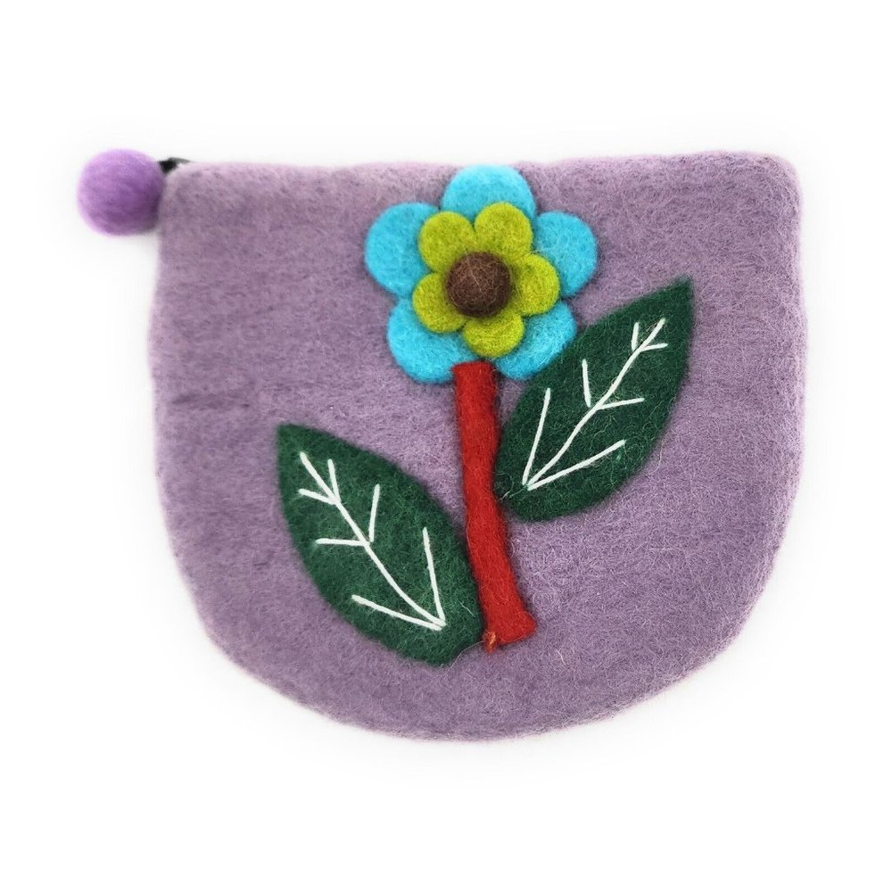 Handmade Wool Felt Coin Purse + Colorful Applique  + Zipper Close Made in Nepal